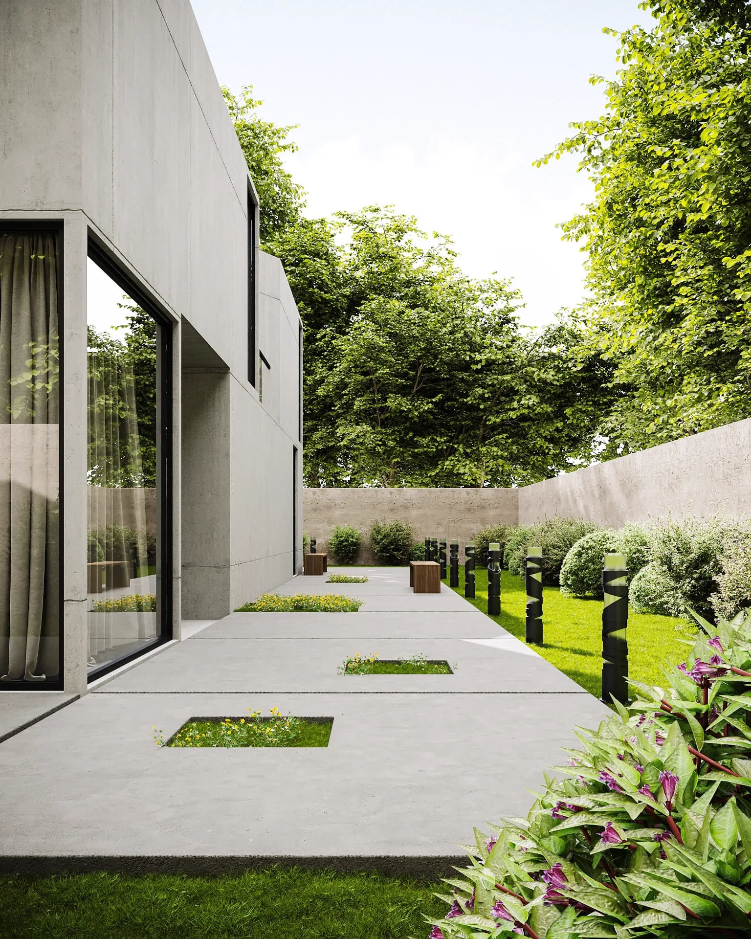 Large-format concrete paving slabs in a courtyard garden with planted openings, lawn and bollard lighting