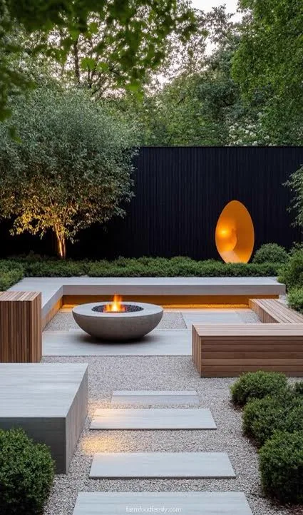 Contemporary courtyard with a concrete fire bowl, gravel paving, stepping stones, timber benches and clipped shrubs