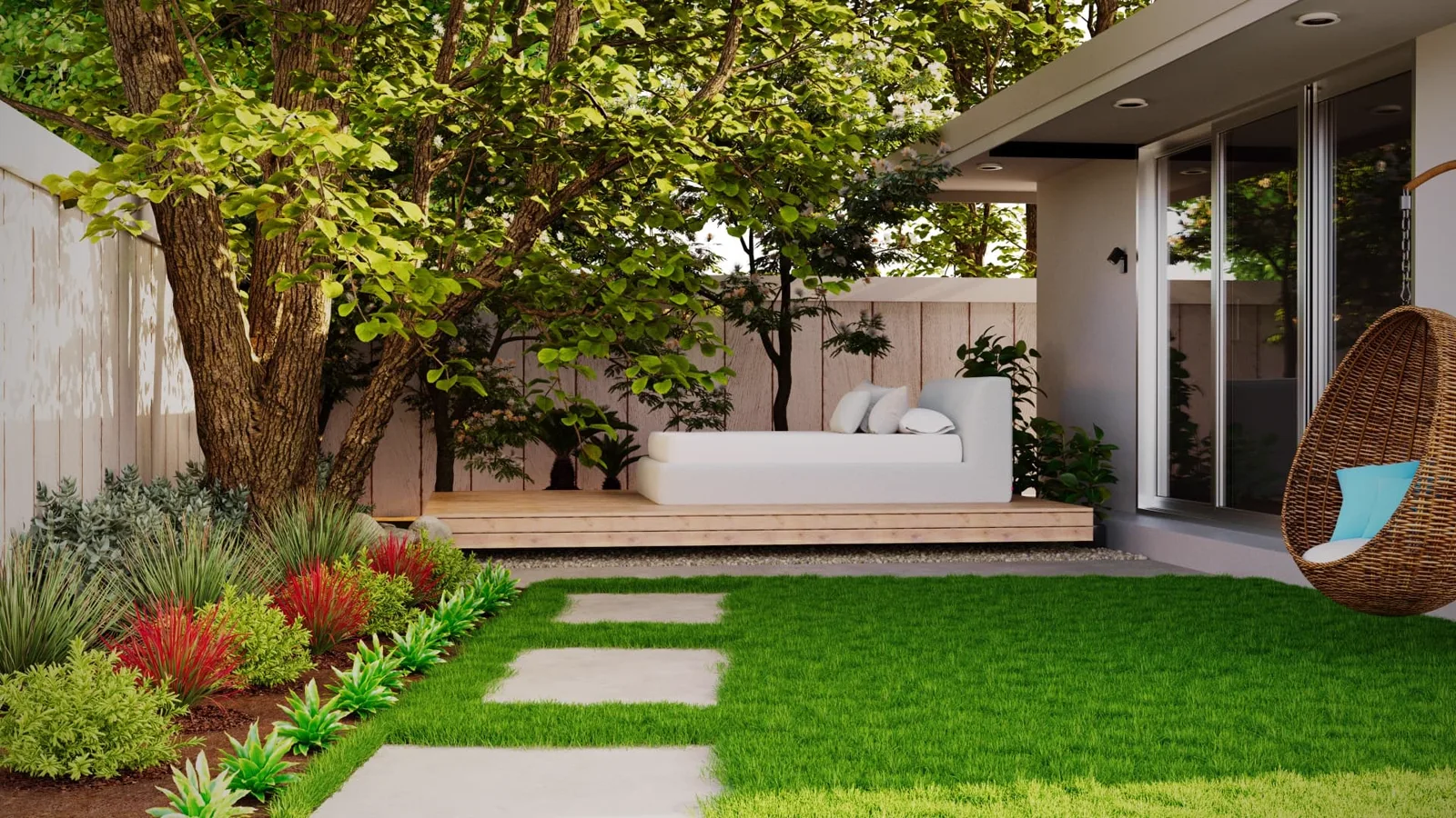 Bright turf lawn with square stepping stones leading to a low timber deck and planted border