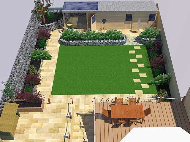 Three-dimensional garden design plan showing paving, a rectangular lawn, stepping stones, planted beds and a timber deck