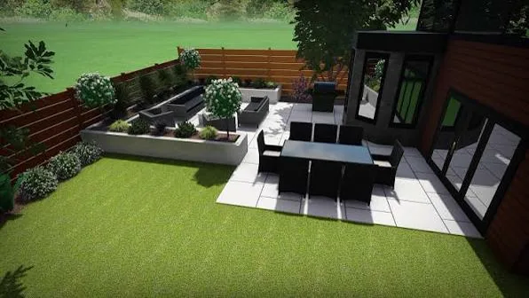Three-dimensional garden design plan of an artificial turf lawn with a paved patio, raised planters and screen fencing